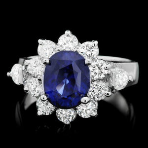 4.10 Carats Natural Blue Sapphire and Diamond 14K Solid White Gold Ring