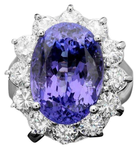 13.40 Carats Natural Tanzanite and Diamond 14K Solid White Gold Ring