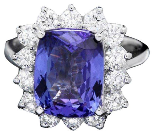 6.00 Carats Natural Tanzanite and Diamond 14K Solid White Gold Ring