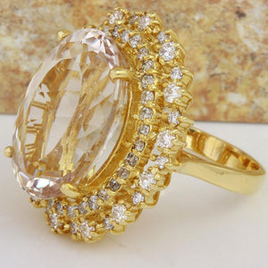 15.94 Carats Exquisite Natural Peach Morganite and Diamond 14K Solid Yellow Gold Ring