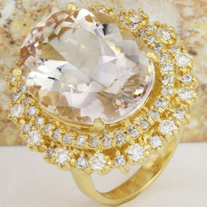 15.94 Carats Exquisite Natural Peach Morganite and Diamond 14K Solid Yellow Gold Ring