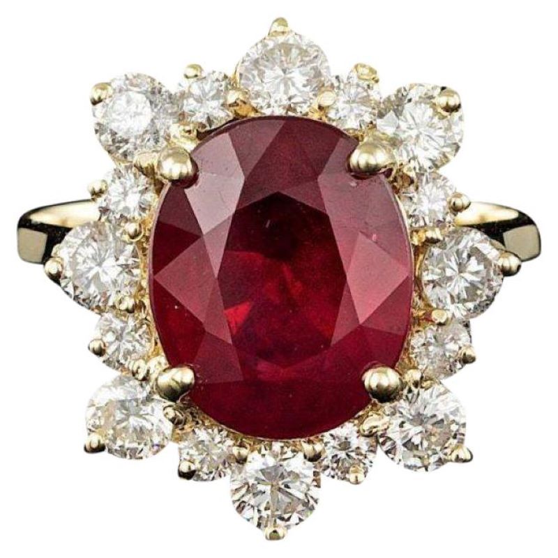 6.70 Carats Natural Red Ruby and Diamond 14K Solid Yellow Gold Ring