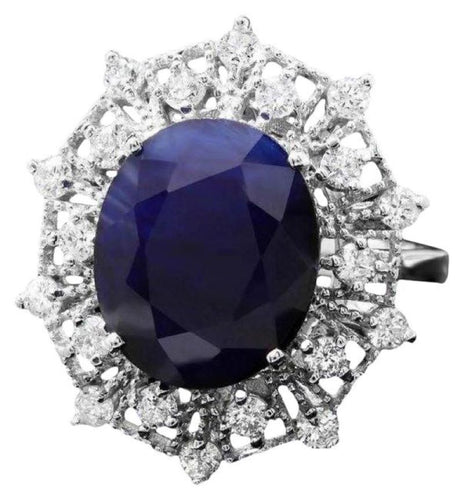 9.50 Carats Natural Blue Sapphire and Diamond 14K Solid White Gold Ring