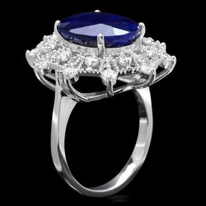 9.50 Carats Natural Blue Sapphire and Diamond 14K Solid White Gold Ring