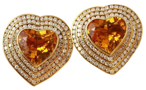 Exquisite 25.75 Carats Natural Madeira Citrine and Diamond 14K Solid Yellow Gold Earrings