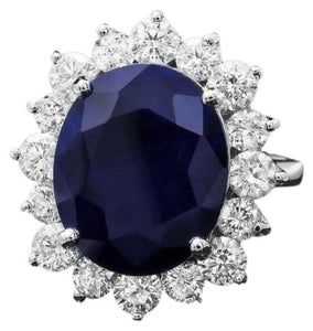 10.80 Carats Natural Blue Sapphire and Diamond 14K Solid White Gold Ring