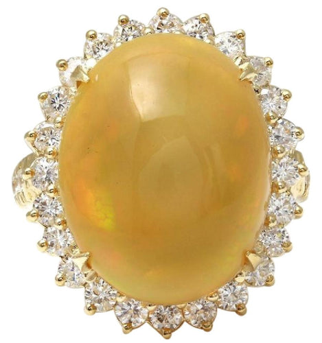 10.50 Carats Natural Impressive Ethiopian Opal and Diamond 14K Solid Yellow Gold Ring