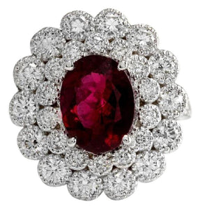 4.00 Carats Natural Very Nice Looking Tourmaline and Diamond 14K Solid White Gold Ring