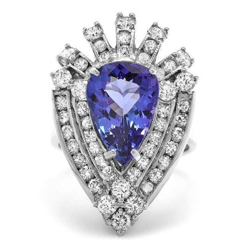 6.60 Carats Natural Tanzanite and Diamond 14K Solid White Gold Ring