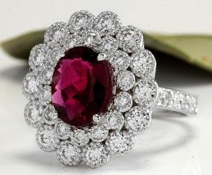 4.00 Carats Natural Very Nice Looking Tourmaline and Diamond 14K Solid White Gold Ring