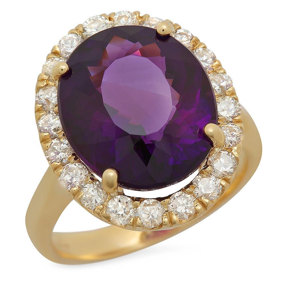 8.10 Carats Natural Amethyst and Diamond 14K Solid Yellow Gold Ring