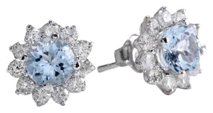 Exquisite 3.25 Carats Natural Aquamarine and Diamond 14K Solid White Gold Stud Earrings