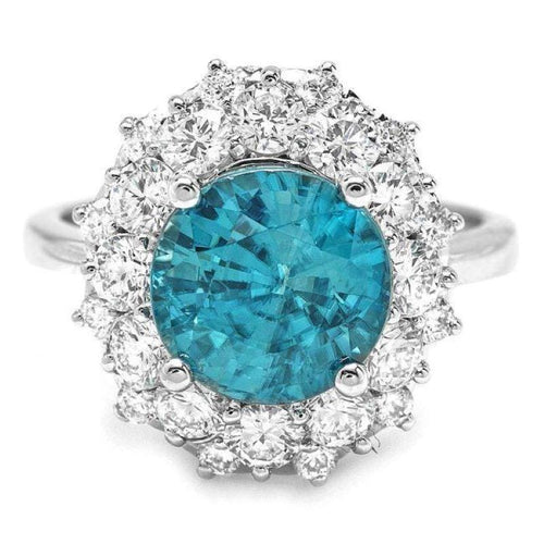 6.70 Carats Natural Blue Zircon and Diamond 14K Solid White Gold Ring