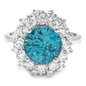 6.70 Carats Natural Blue Zircon and Diamond 14K Solid White Gold Ring