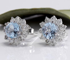 Exquisite 3.25 Carats Natural Aquamarine and Diamond 14K Solid White Gold Stud Earrings