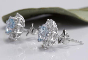 Exquisite 3.25 Carats Natural Aquamarine and Diamond 14K Solid White Gold Stud Earrings