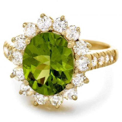 4.60 Carats Natural Peridot and Diamond 14K Solid Yellow Gold Ring