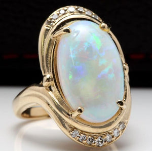 5.35 Carats Natural Impressive Ethiopian Opal and Diamond 14K Solid Yellow Gold Ring