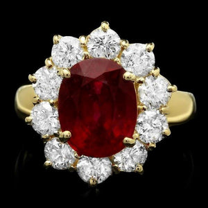 6.30 Carats Red Ruby and Natural Diamond 14k Solid Yellow Gold Ring