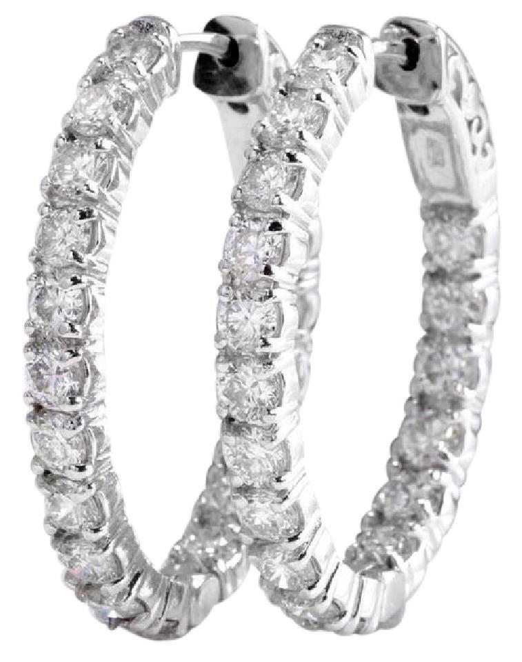 Exquisite 3.25 Carats Natural Diamond 14K Solid White Gold Hoop Earrings