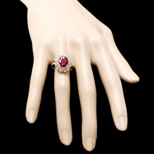 3.00 Carats Natural Red Ruby and Diamond 14K Solid Yellow Gold Ring