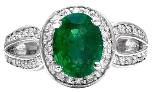 2.90 Carats Natural Emerald and Diamond 14K Solid White Gold Ring