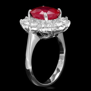 6.60 Carats Natural Red Ruby and Diamond 14K Solid White Gold Ring