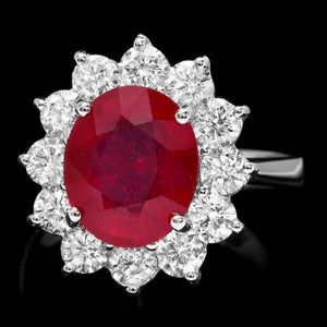 6.60 Carats Natural Red Ruby and Diamond 14K Solid White Gold Ring