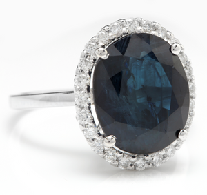 7.50 Carats Exquisite Natural Blue Sapphire and Diamond 14K Solid White Gold Ring