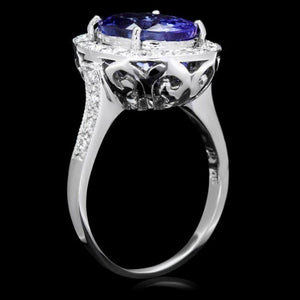 5.40 Carats Natural Tanzanite and Diamond 14k Solid White Gold Ring