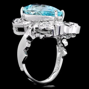 7.60 Carats Natural Aquamarine and Diamond 14K Solid White Gold Ring
