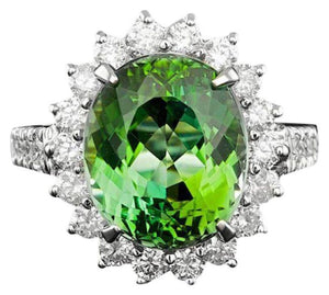 9.30 Carats Natural Green Tourmaline and Diamond 14K Solid White Gold Ring