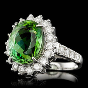 9.30 Carats Natural Green Tourmaline and Diamond 14K Solid White Gold Ring