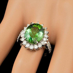 9.30 Carats Natural Green Tourmaline and Diamond 14K Solid White Gold Ring