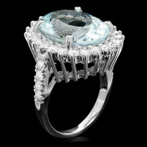13.00 Carats Natural Aquamarine and Diamond 14K Solid White Gold Ring