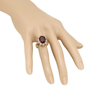 9.60 Carats Natural Red Garnet and Diamond 14K Yellow Gold Ring