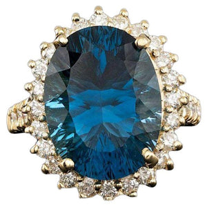 12.90ct Natural Blue Topaz & Diamond 14k Solid Yellow Gold Ring