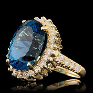 12.90ct Natural Blue Topaz & Diamond 14k Solid Yellow Gold Ring
