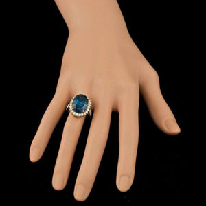 12.90ct Natural Blue Topaz & Diamond 14k Solid Yellow Gold Ring