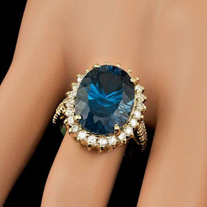 12.90ct Natural Blue Topaz & Diamond 14k Solid Yellow Gold Ring