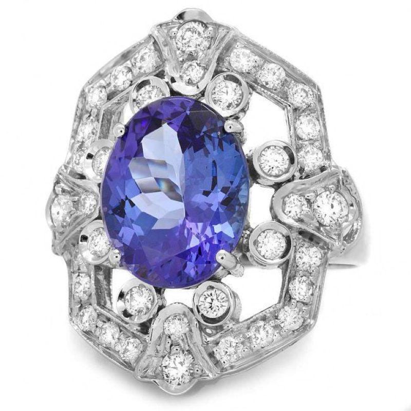 6.30 Carats Natural Tanzanite and Diamond 14K Solid White Gold Ring
