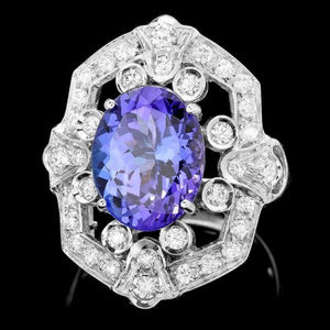 6.30 Carats Natural Tanzanite and Diamond 14K Solid White Gold Ring