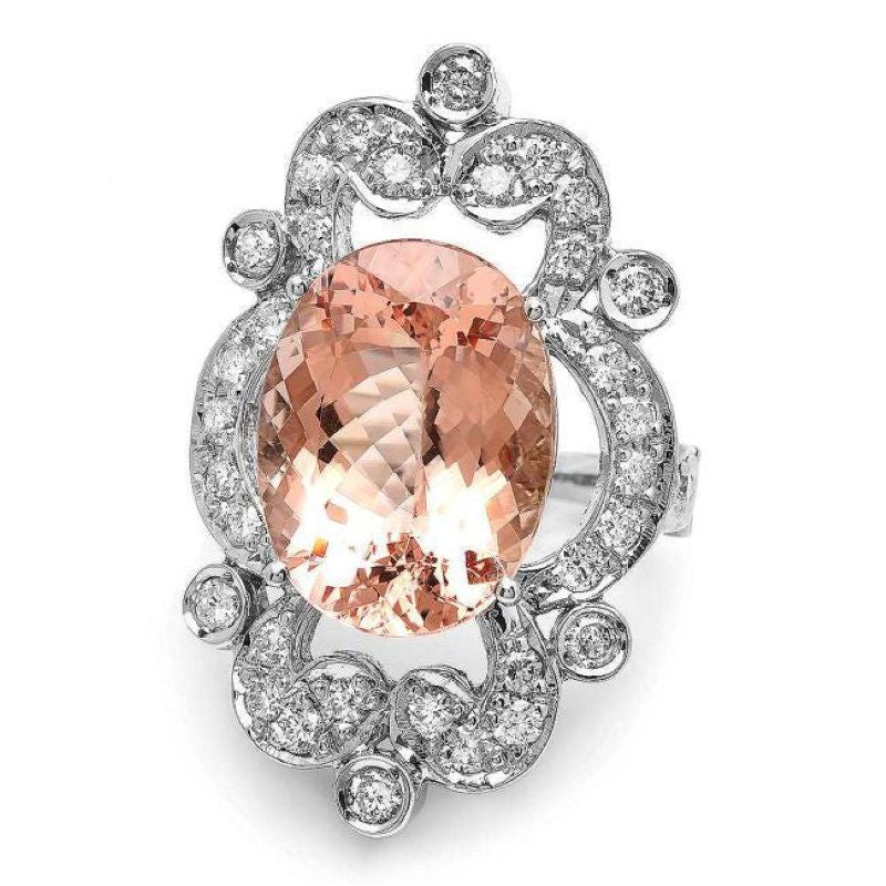 10.20 Carats Natural Morganite and Diamond 14K Solid White Gold Ring