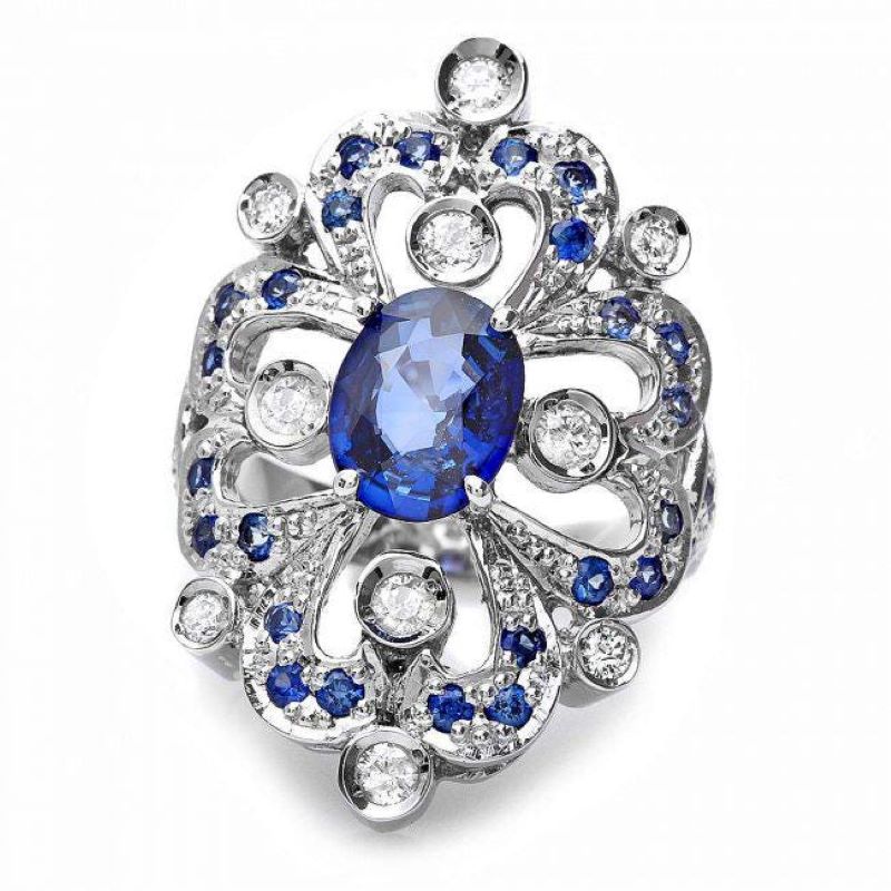 3.00 Carats Natural Blue Sapphire and Diamond 14K Solid White Gold Ring