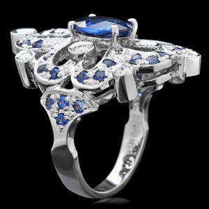3.00 Carats Natural Blue Sapphire and Diamond 14K Solid White Gold Ring
