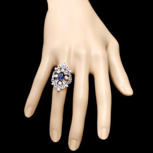 3.00 Carats Natural Blue Sapphire and Diamond 14K Solid White Gold Ring