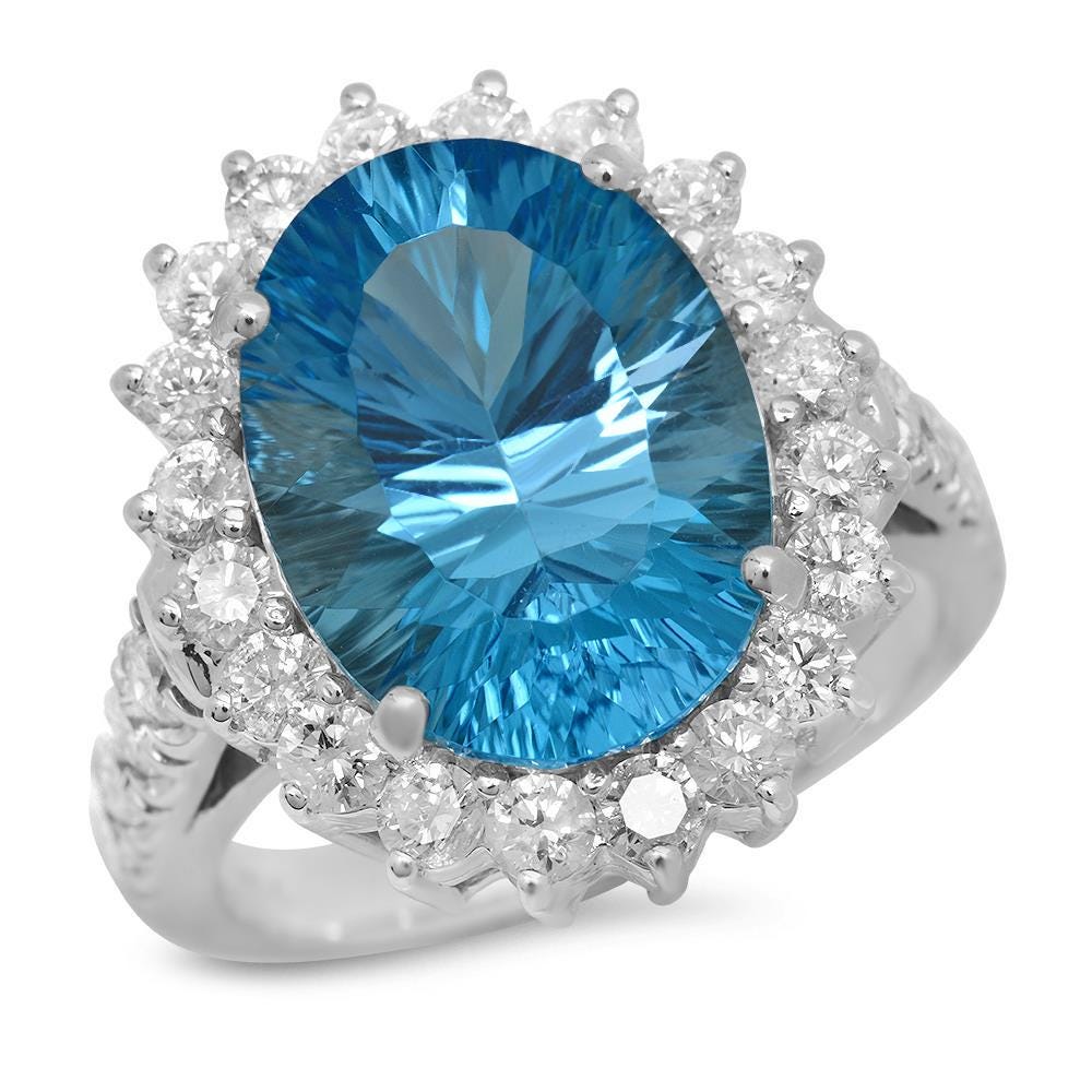 9.20 Carats Natural Swiss Blue Topaz and Diamond 14K Solid White Gold Ring