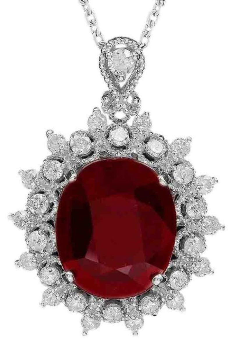 6.20Ct Natural Red Ruby and Diamond 14K Solid White Gold Pendant