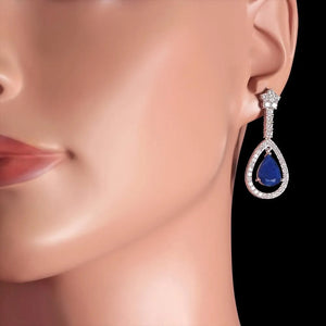 Exquisite 9.00 Carats Natural Sapphire and Diamond 14K Solid White Gold Earrings