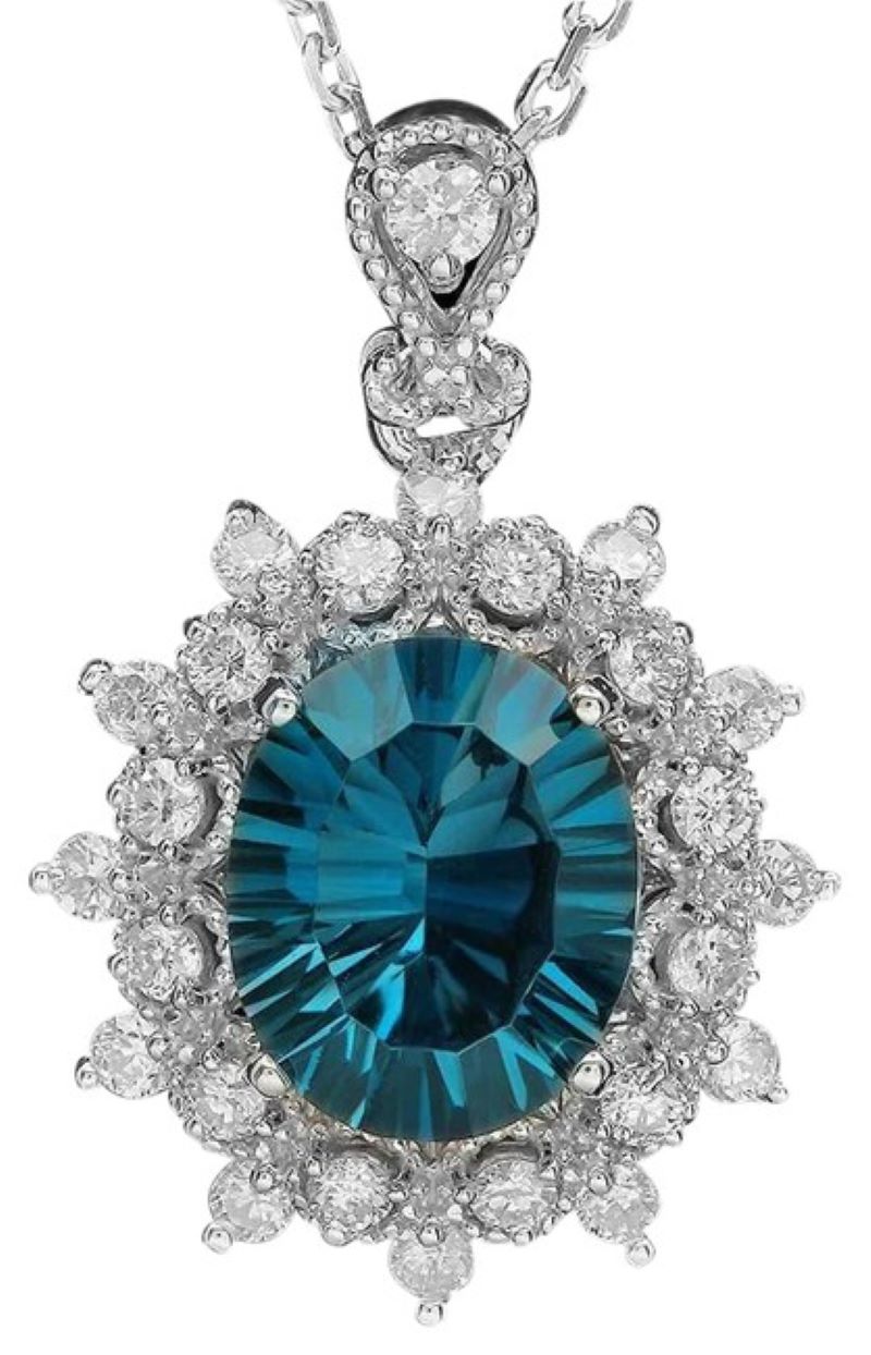 3.30Ct Natural Topaz and  Diamond 14K Solid White Gold Pendant